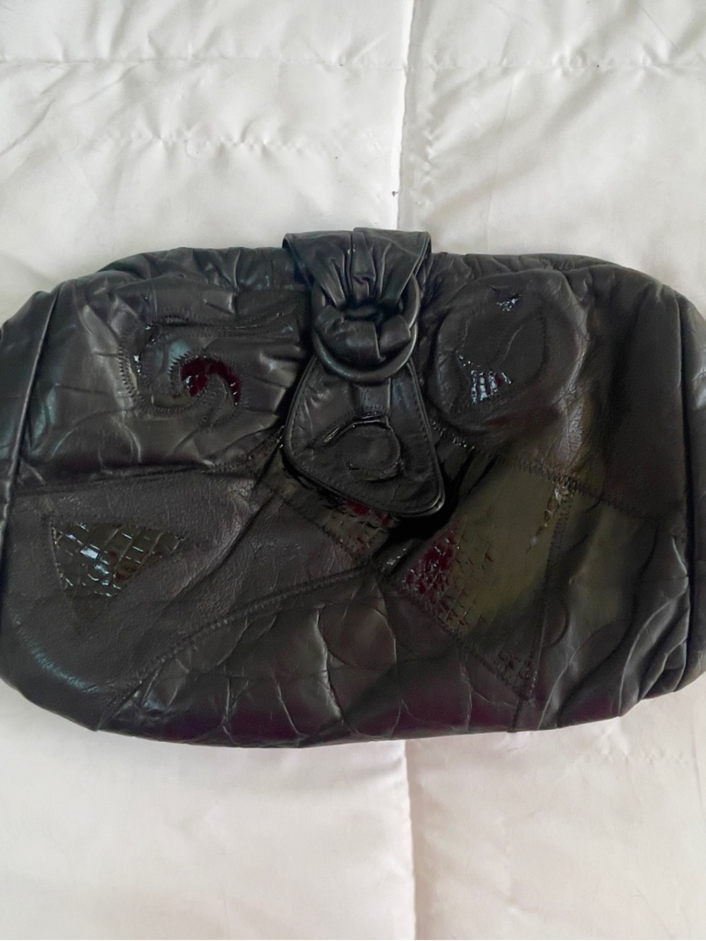 Fifth Ave Black Leather Vintage Patchwork Shoulder Bag Clutch Ruched Luxe Retro